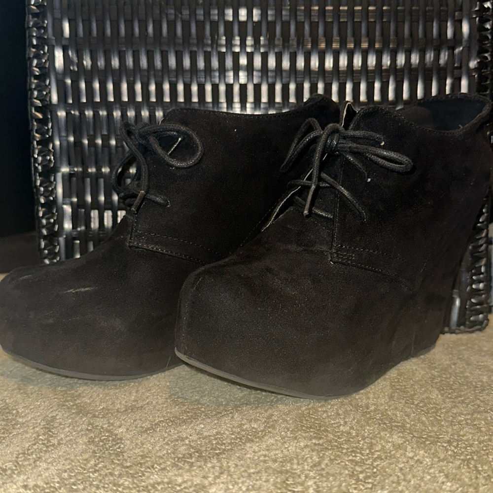Black Suede Lace Up High Heels Wedge Bootie